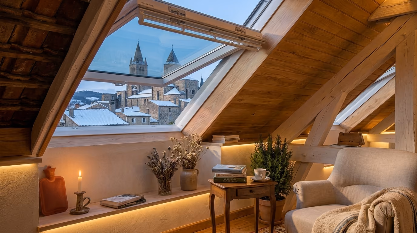 Pièce sous combles équipée d'une fenêtre Velux pour améliorer le confort thermique.