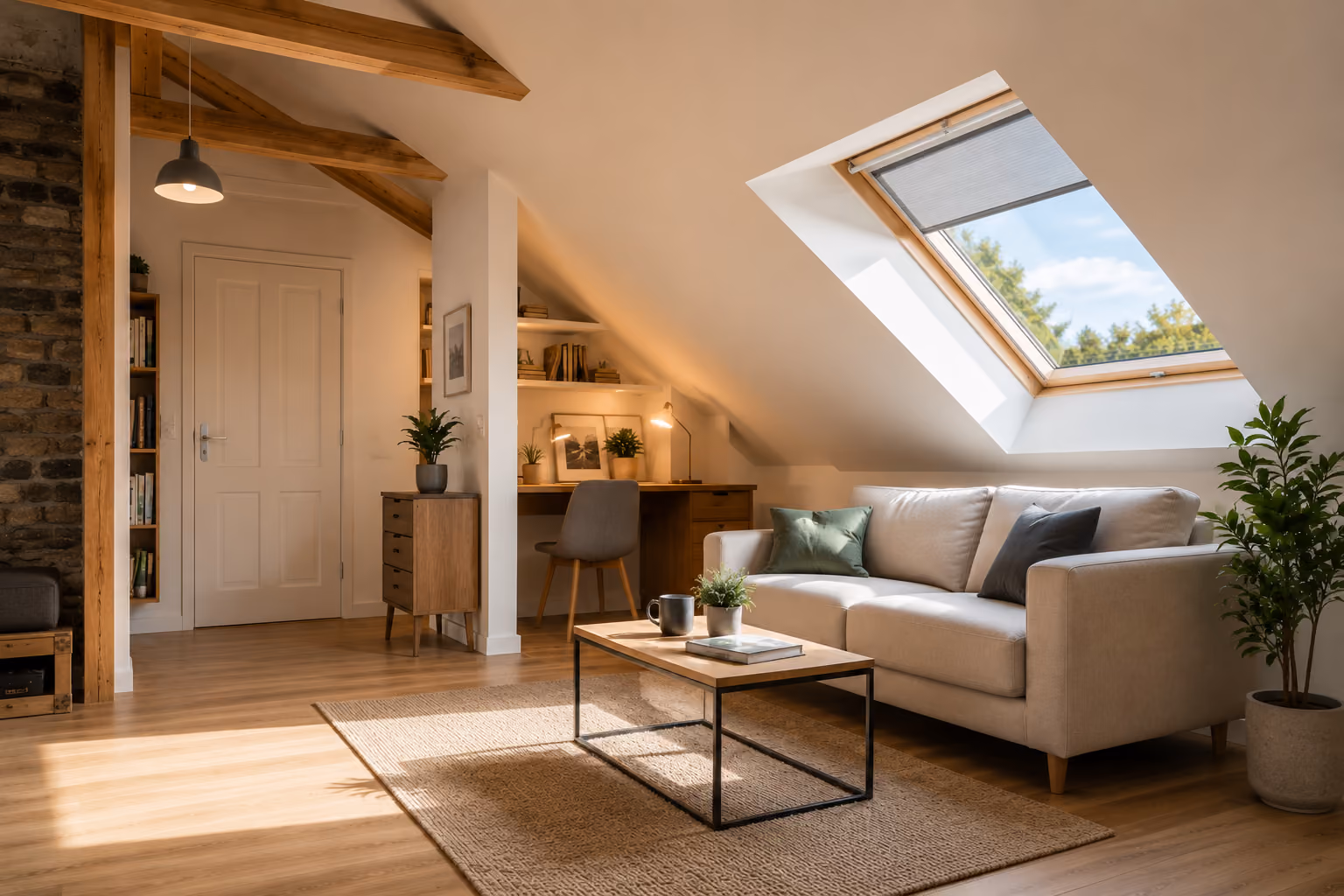 Pièce sous combles rénovée avec une fenêtre de toit Velux.