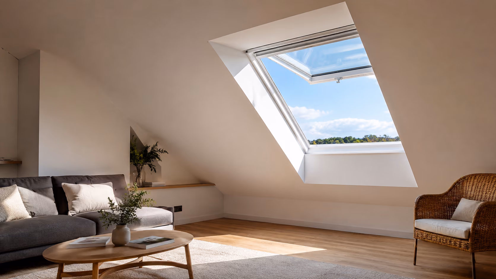 Fenêtre de toit Velux installée dans une chambre sous combles.