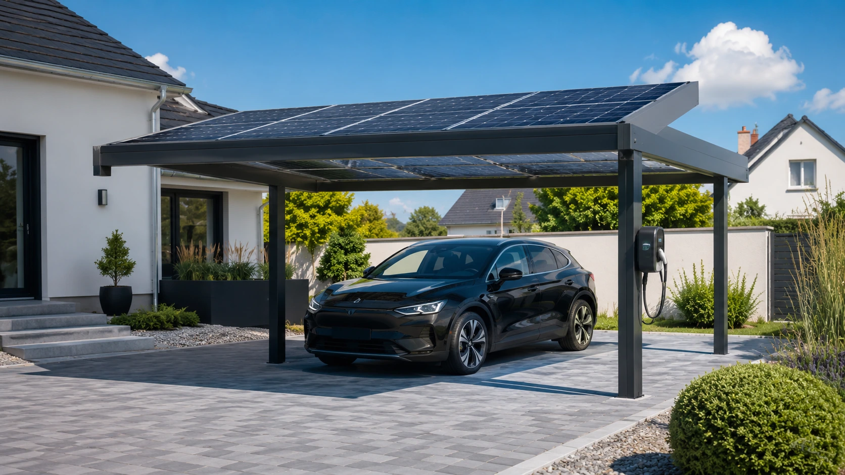 Carport solaire protégeant un véhicule et produisant de l’électricité