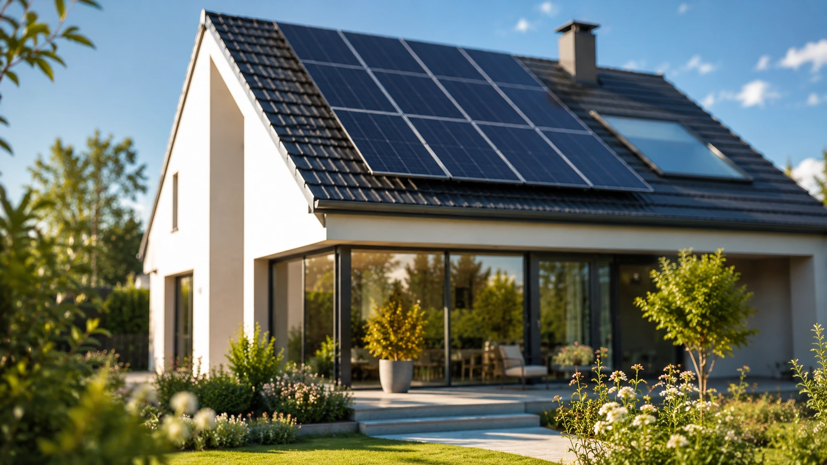 Maison rénovée équipée de panneaux solaires.