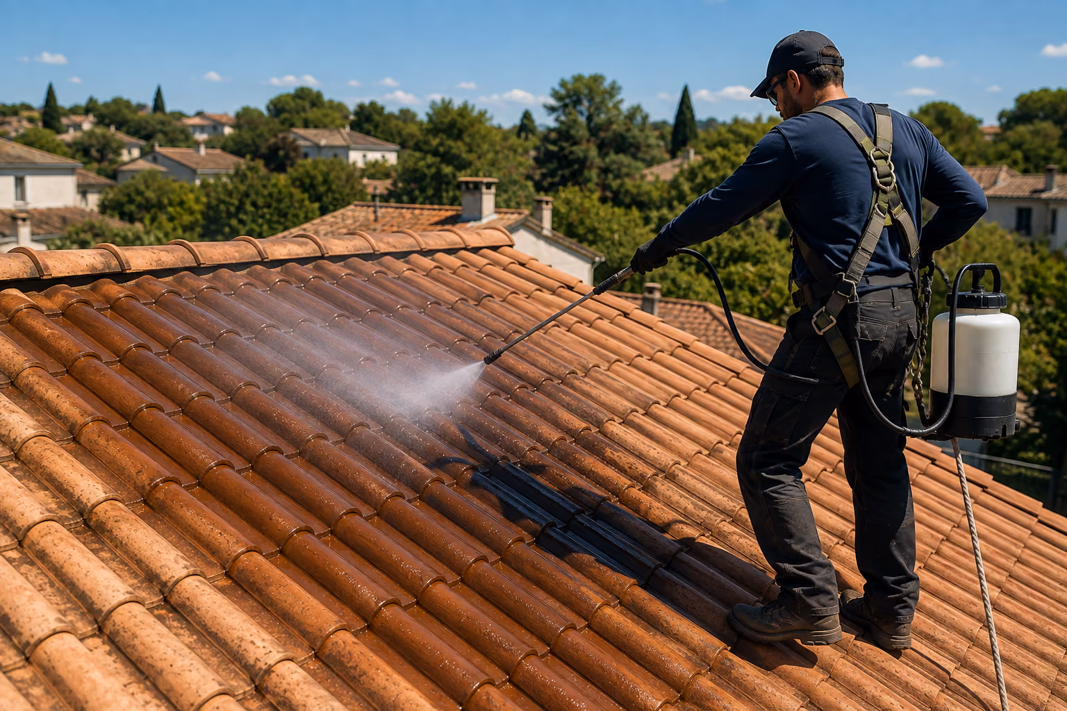 Application d’un traitement hydrofuge sur une toiture.