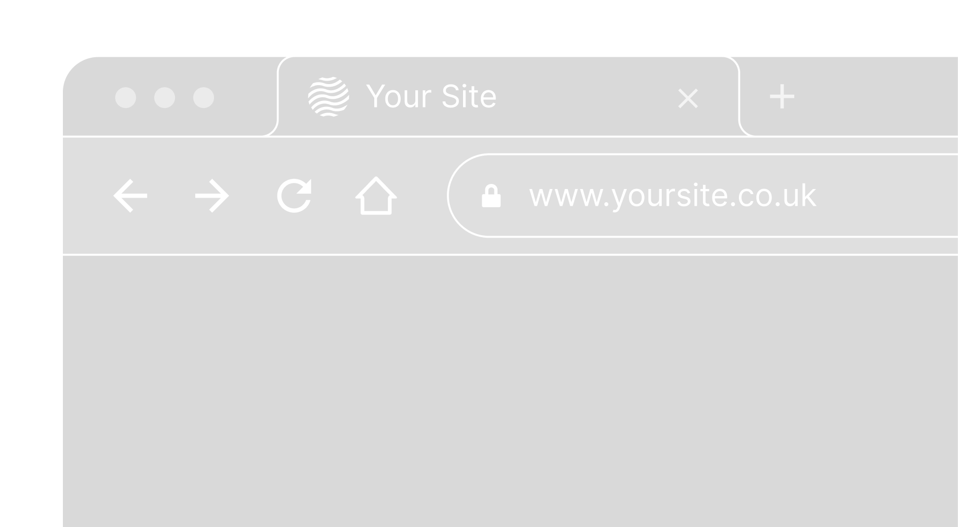 Browser window showing a tab titled 'Your Site' with a circular wave logo, a lock icon in the URL bar, and the URL www.yoursite.co.uk.