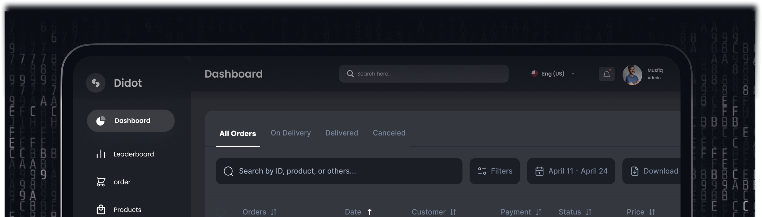 Dark-themed software dashboard interface with navigation menu on left showing Didot logo, Dashboard, Leaderboard, order, and Products. Main panel displays tabs for All Orders, On Delivery, Delivered, Canceled, search bar, filters, date range selector from April 11 to April 24, and a download button. User profile icon and language selector (English US) appear top right.