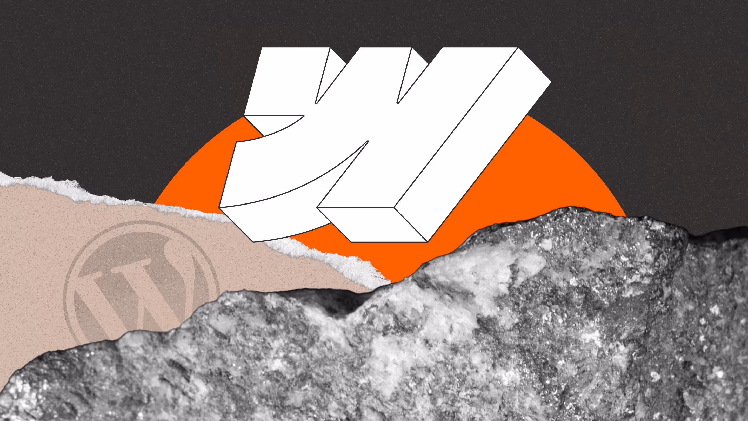 Composite artwork with paper, rock textures, and a big Webflow logo in the middle with a big orange circle behind it.