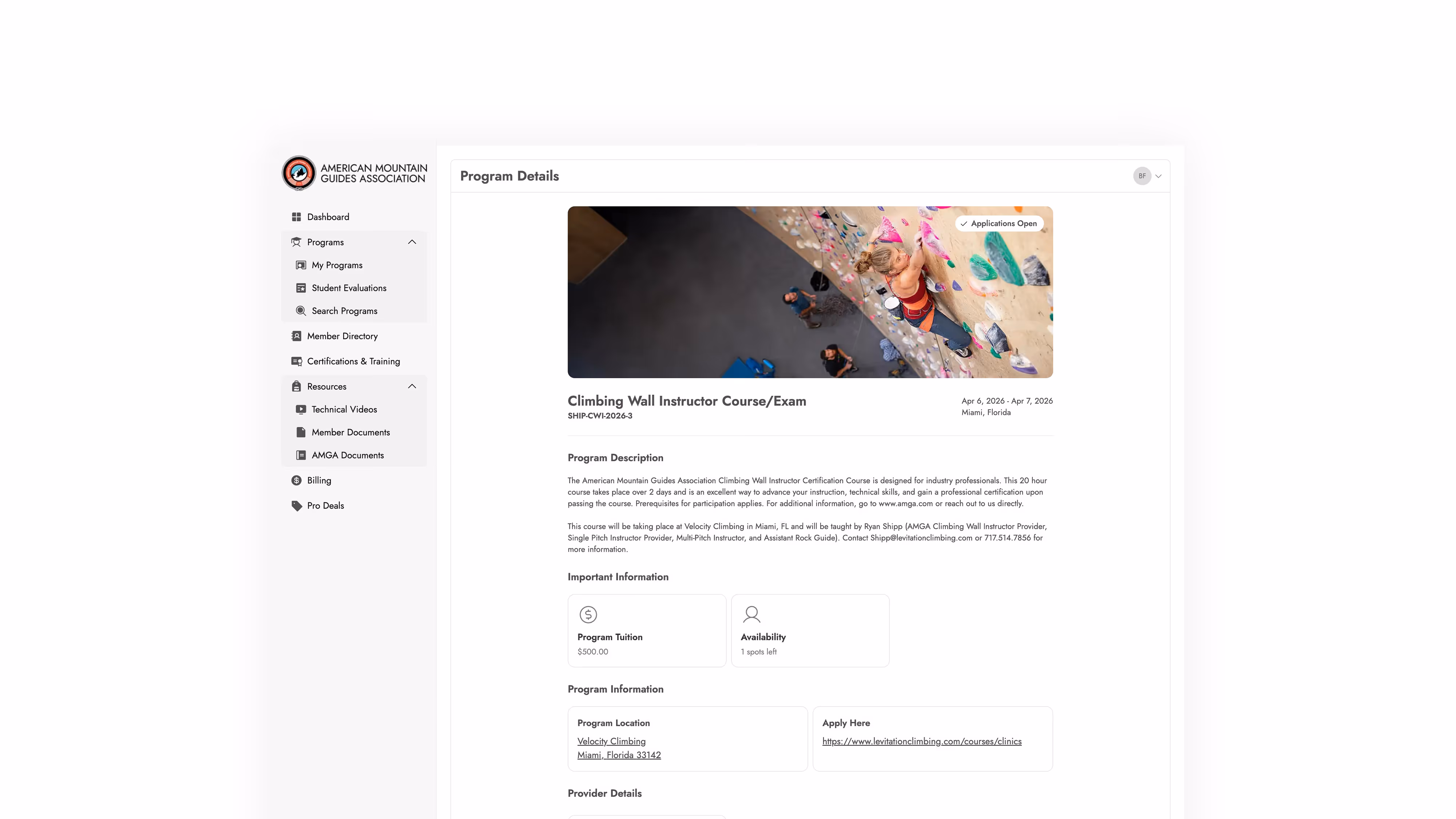 Composite image of a course sign up page in the AMGA's member portal.