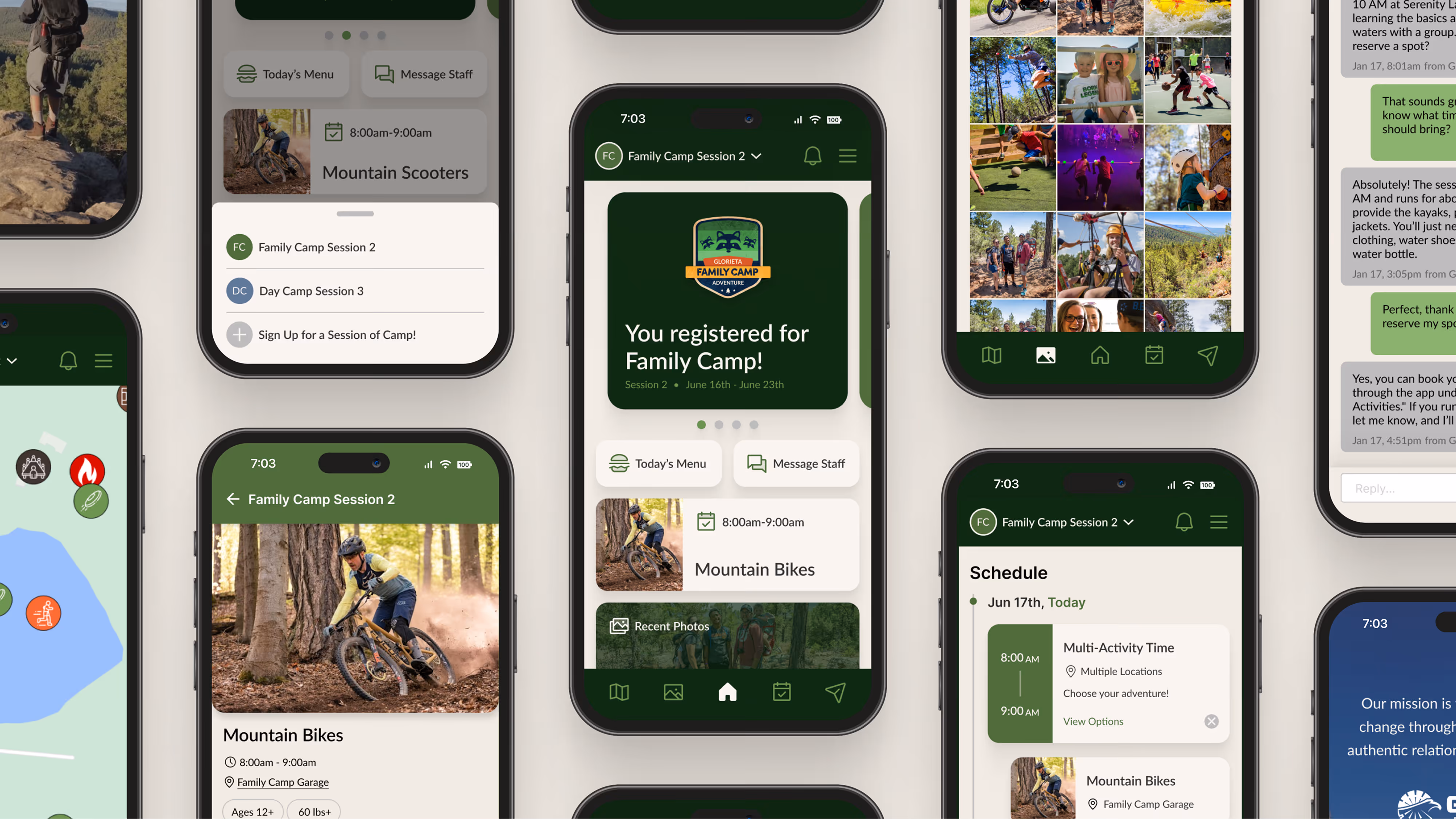 A composite image with several screens from Glorieta's mobile app.