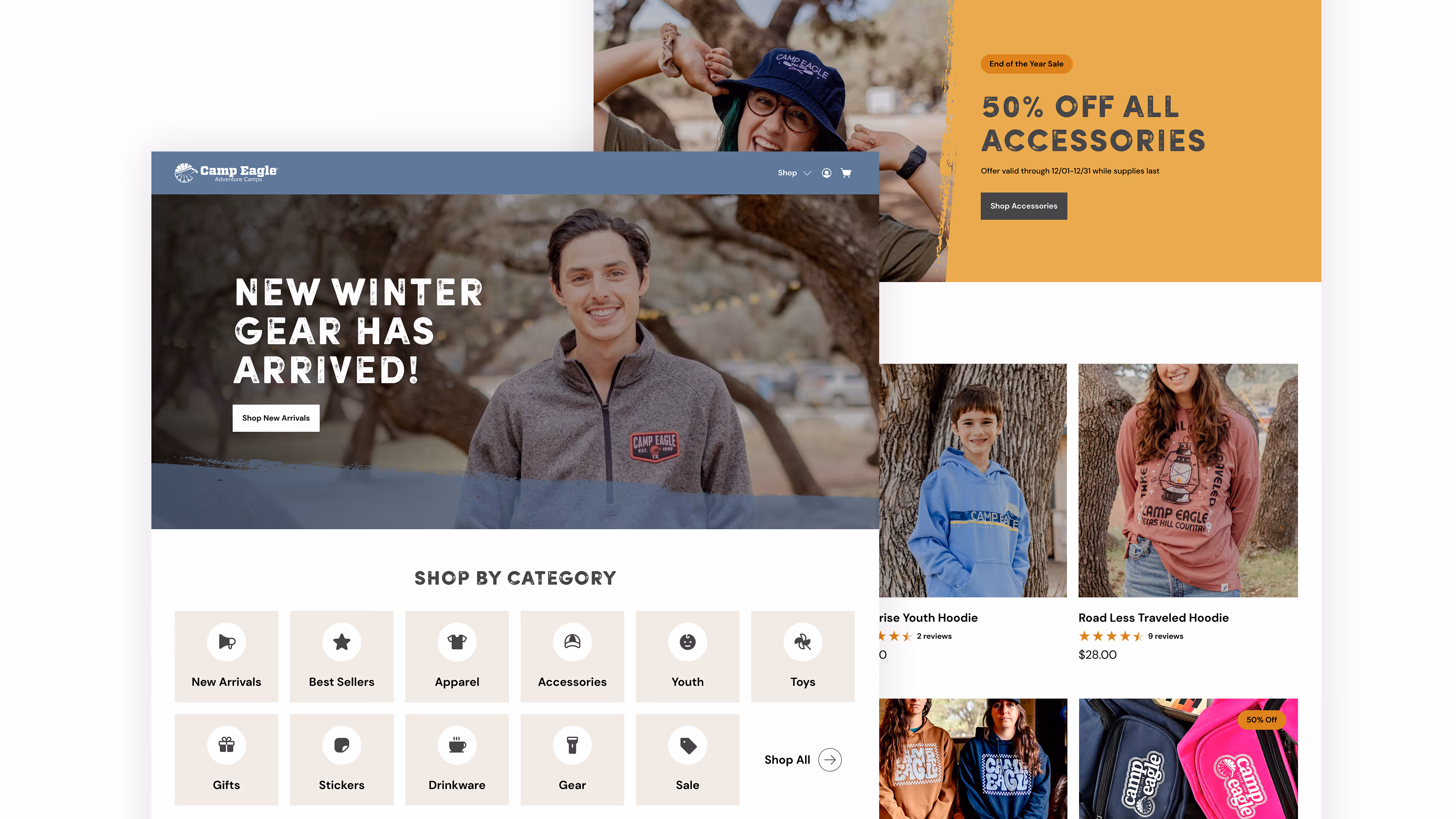 Composite image of two views of a webpage from Camp Eagle's e-commerce website slightly overlapping each other