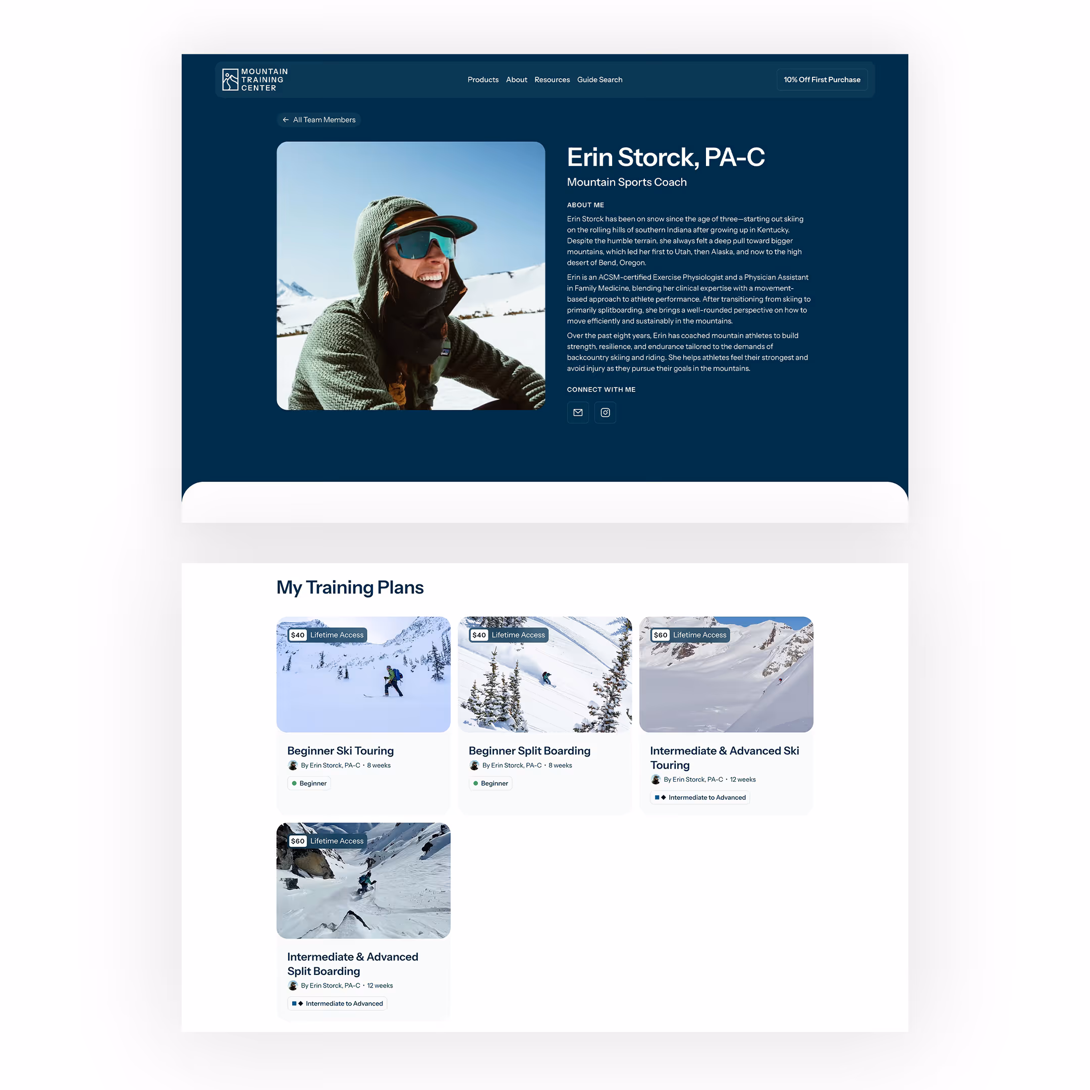 A composite image of two screenshots from the Mountain Training Center's website.