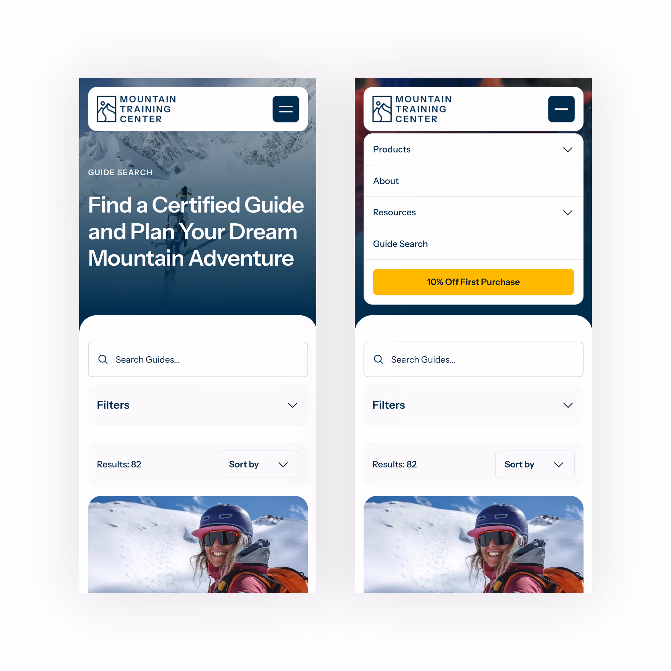A composite image of two screenshots from the Mountain Training Center's website.
