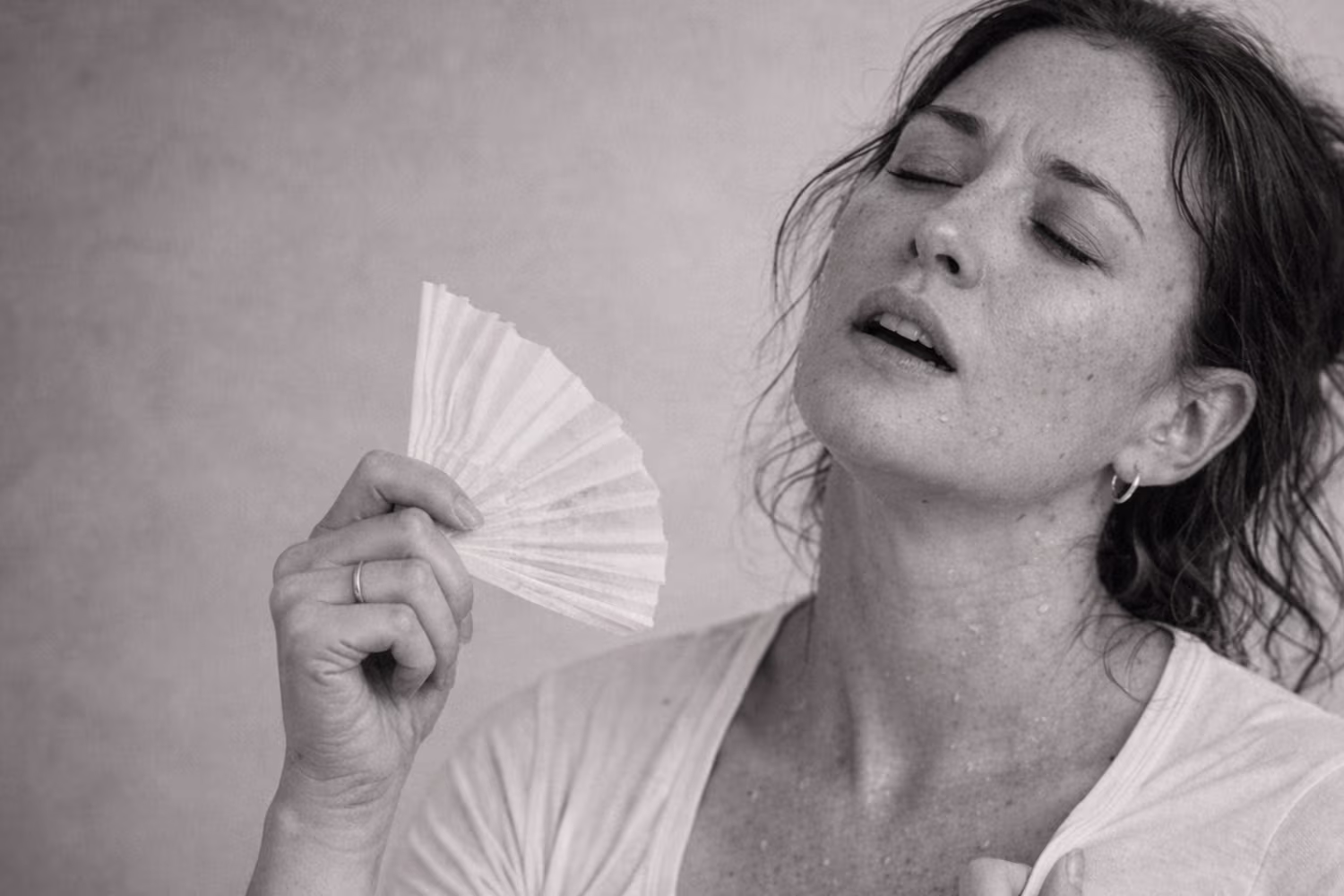 Black and white portrait representing hot flashes and night sweats vasomotor concern at CAMI