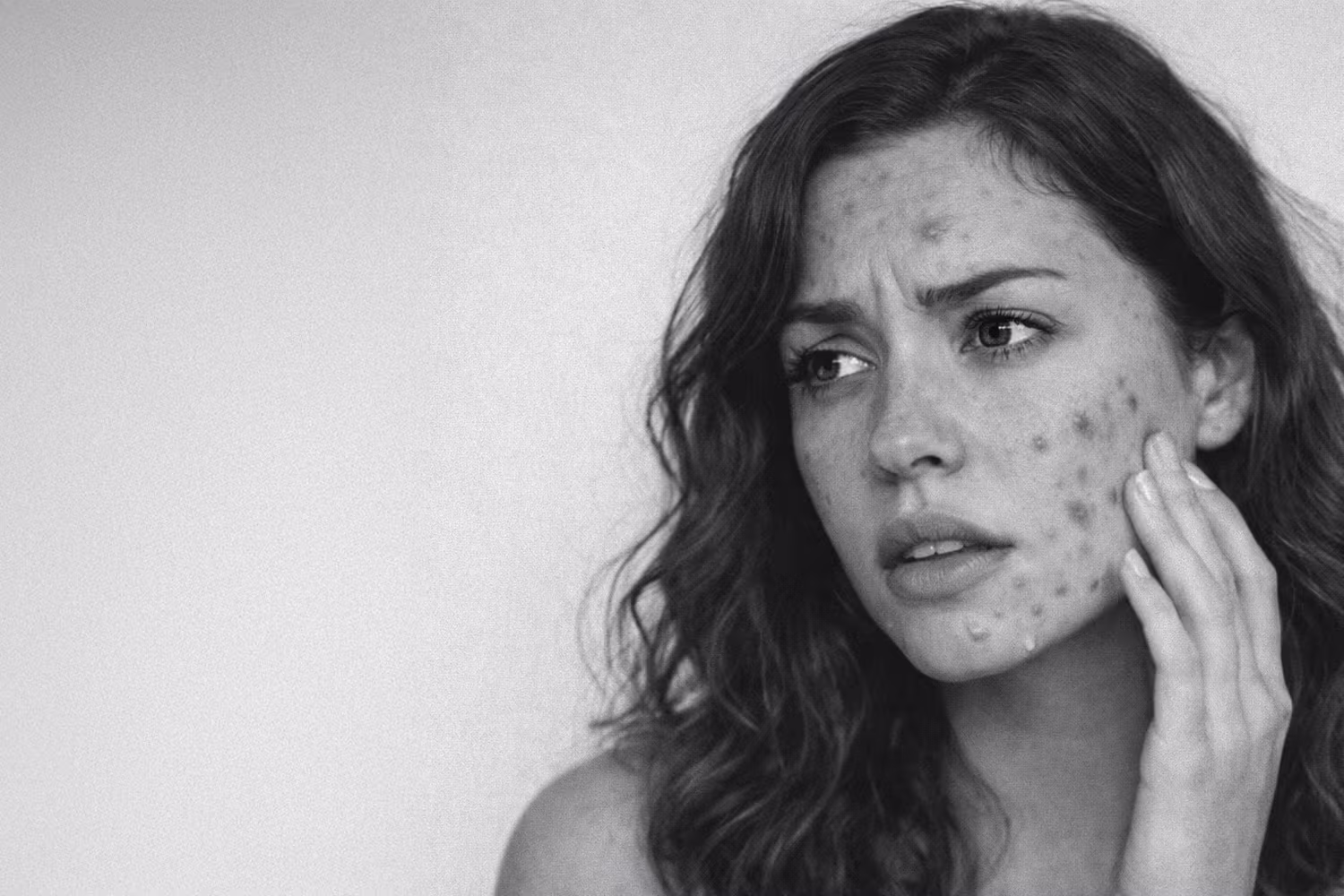 Black and white close-up representing active acne and breakout concern at CAMI