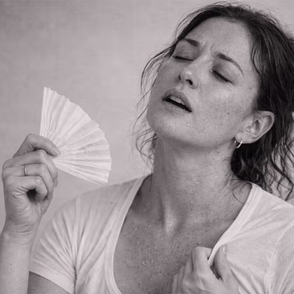 Black and white portrait representing hot flashes and night sweats vasomotor concern at CAMI