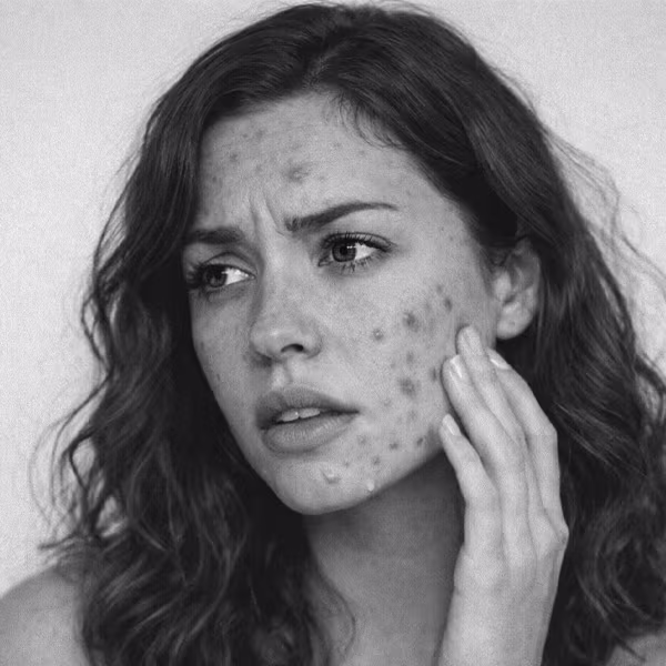 Black and white close-up representing active acne and breakout concern at CAMI