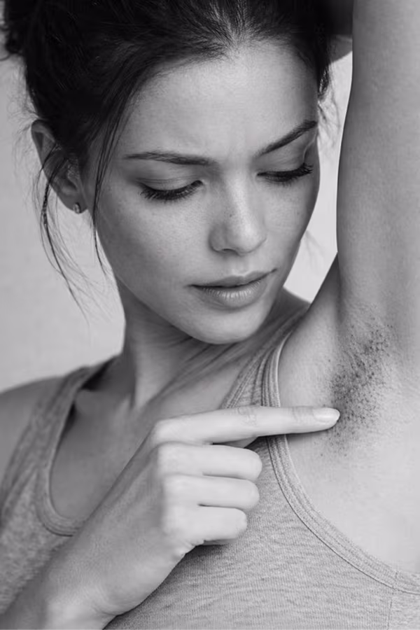 Black and white close-up representing ingrown hair concern from shaving and waxing at CAMI