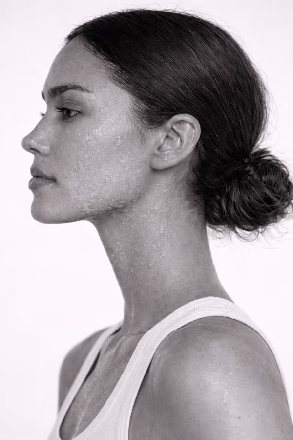 Black and white portrait representing dry and flaky skin dehydration concern at CAMI