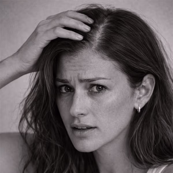 Black and white portrait representing female hair loss and thinning concern at CAMI