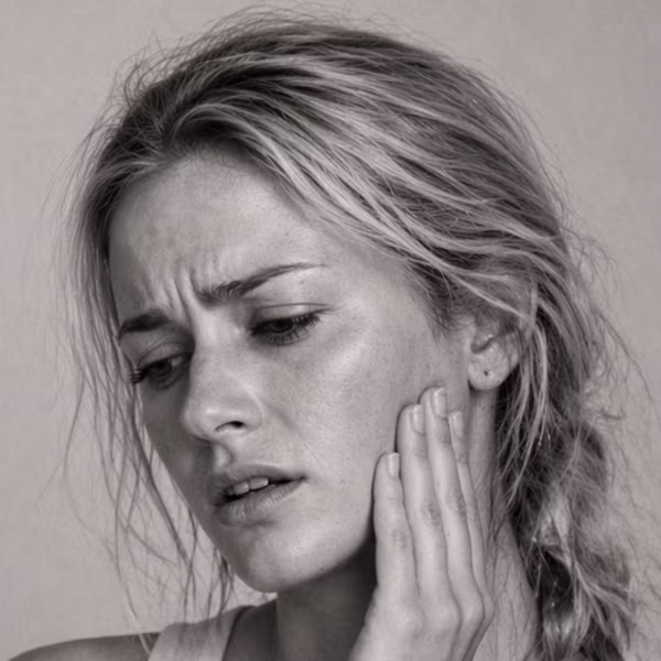 Black and white portrait representing TMJ jaw tension and masseter concern at CAMI