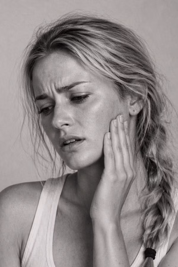 Black and white portrait representing TMJ jaw tension and masseter concern at CAMI