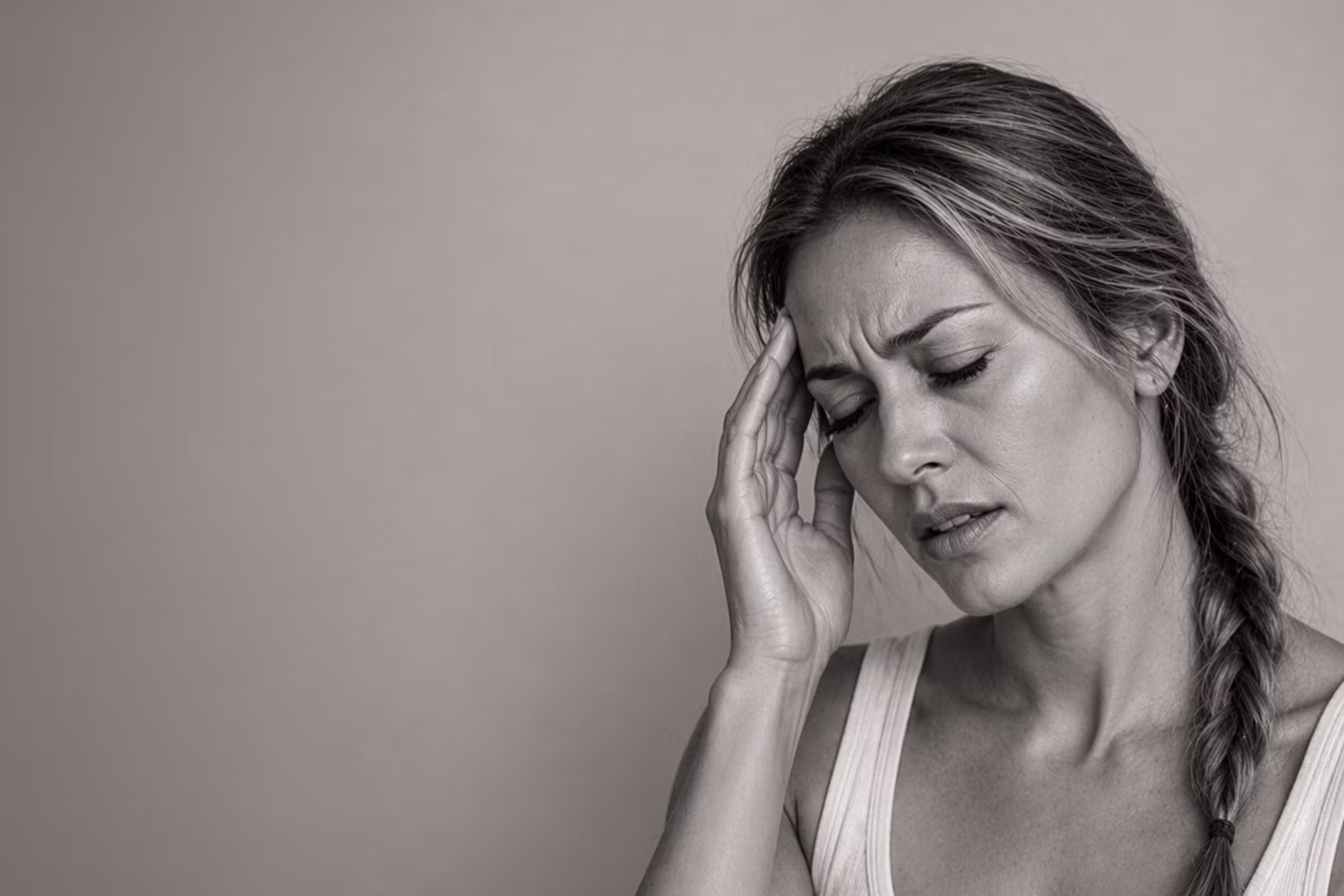 Black and white portrait representing chronic migraine concern at CAMI