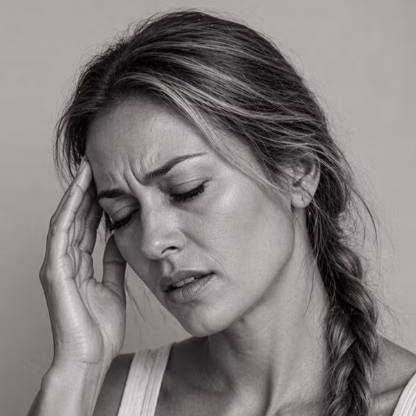 Black and white portrait representing chronic migraine concern at CAMI