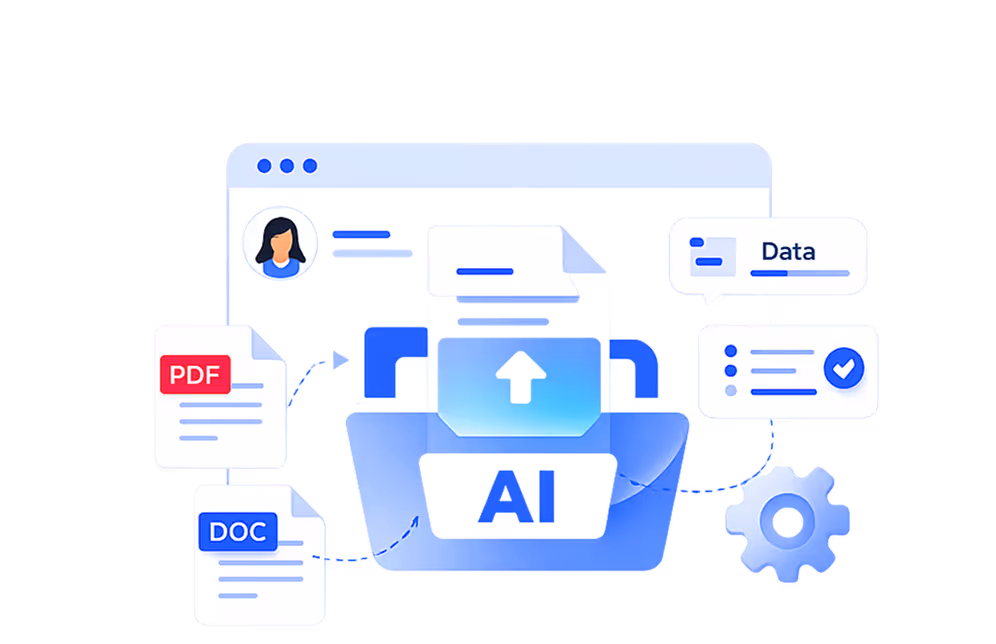 Illustration of an AI intake system with file icons for PDF and DOC, a user profile picture, data cards, and a settings gear connected to a blue folder labeled AI.