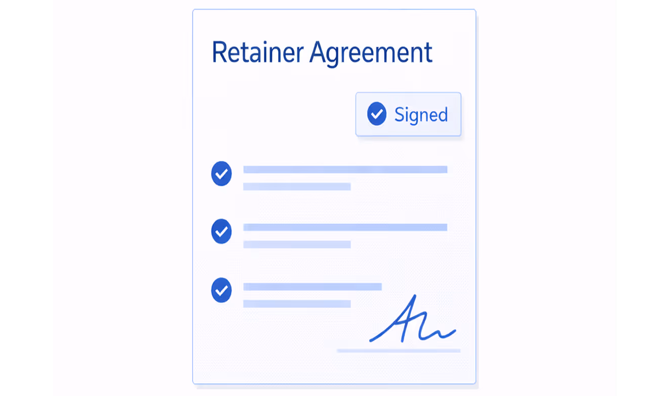 Digital retainer agreement document with three checked bullet points and a signature, marked as signed.