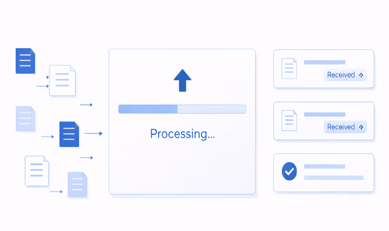 Illustration showing multiple documents being processed with a progress bar and status indicators labeled 'Received' and a checkmark for completion.
