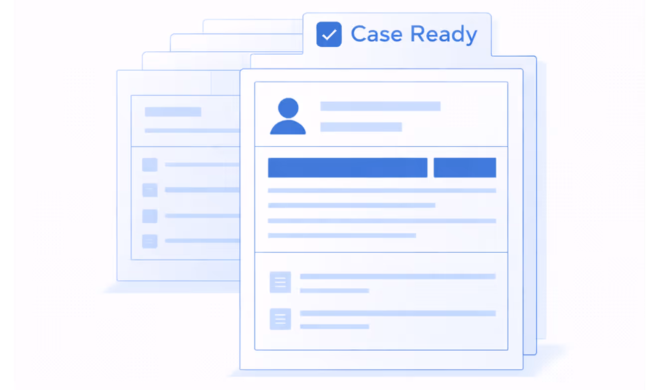 Illustration of a digital case file labeled 'Case Ready' with multiple document layers and profile icon.