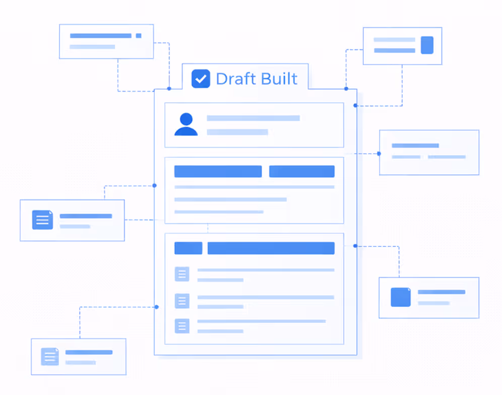 Illustration of a digital legal document draft labeled 'Draft Built' with interconnected comment and review boxes around it.