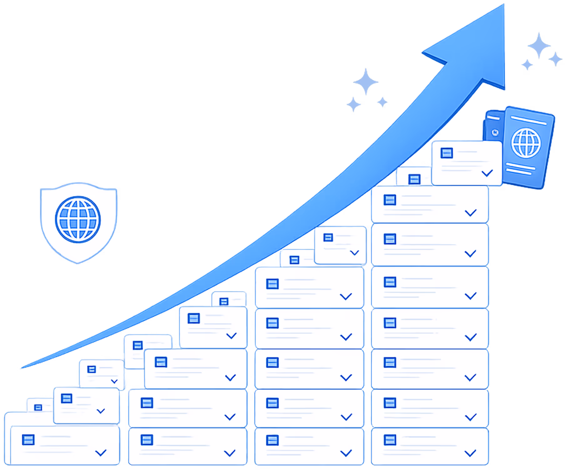 Stacked digital documents increasing in height with a blue upward arrow indicating growth and icons of a globe shield and passports.