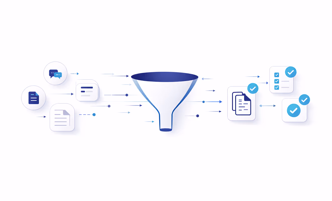 Graphic of a funnel with various document and chat icons flowing into it from the left and checked document icons coming out on the right, symbolizing data or process filtering and validation.