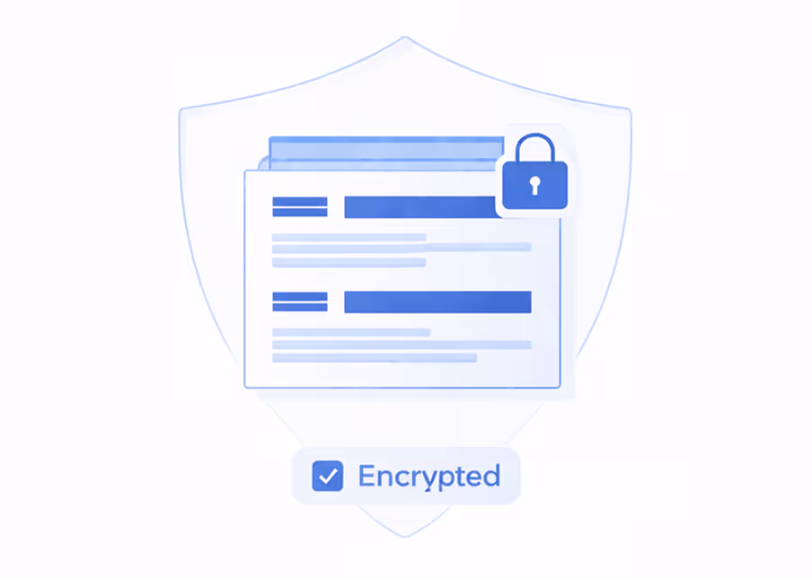 Illustration of digital documents with a padlock symbol and a shield in the background, labeled with a checked box and the word 'Encrypted'.
