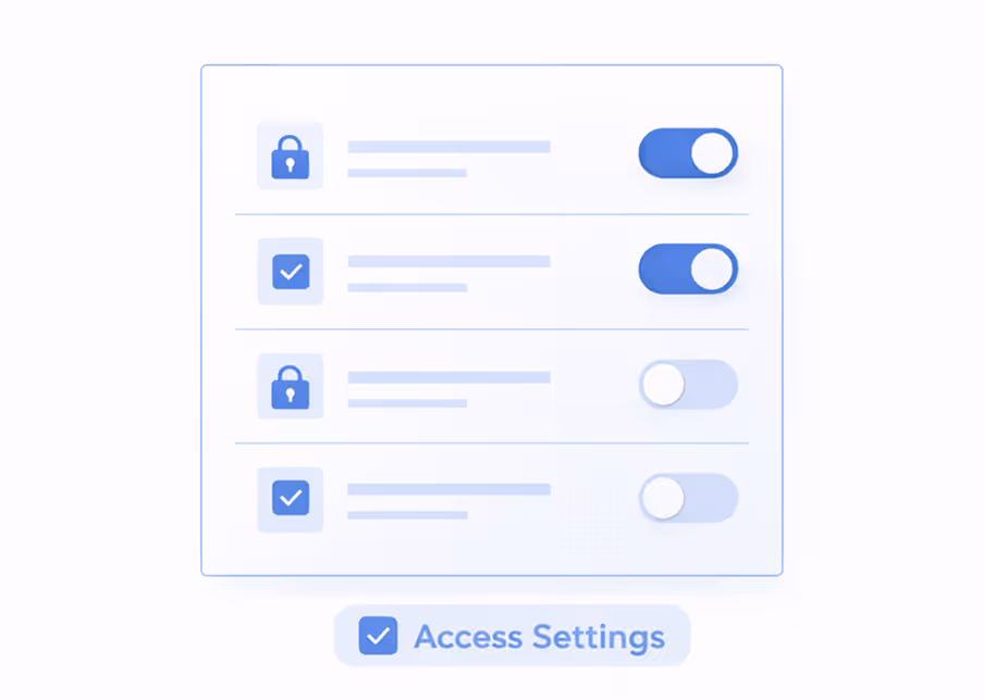 Access control panel with four options showing lock and check icons, two toggled on and two off, labeled Access Settings.