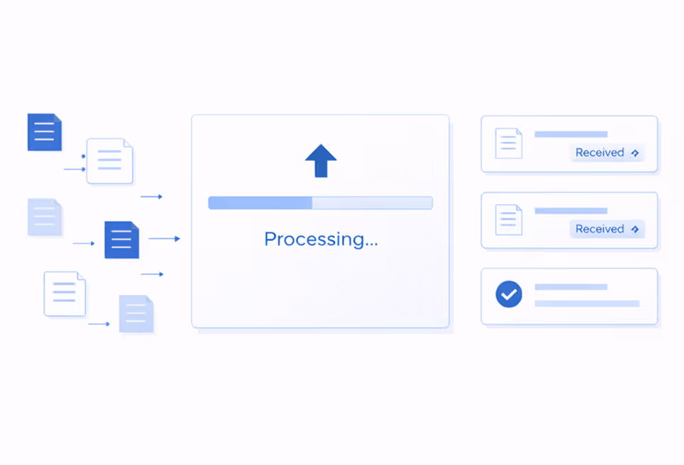 Illustration of multiple documents being processed, showing a progress bar with the word Processing and icons indicating documents received.