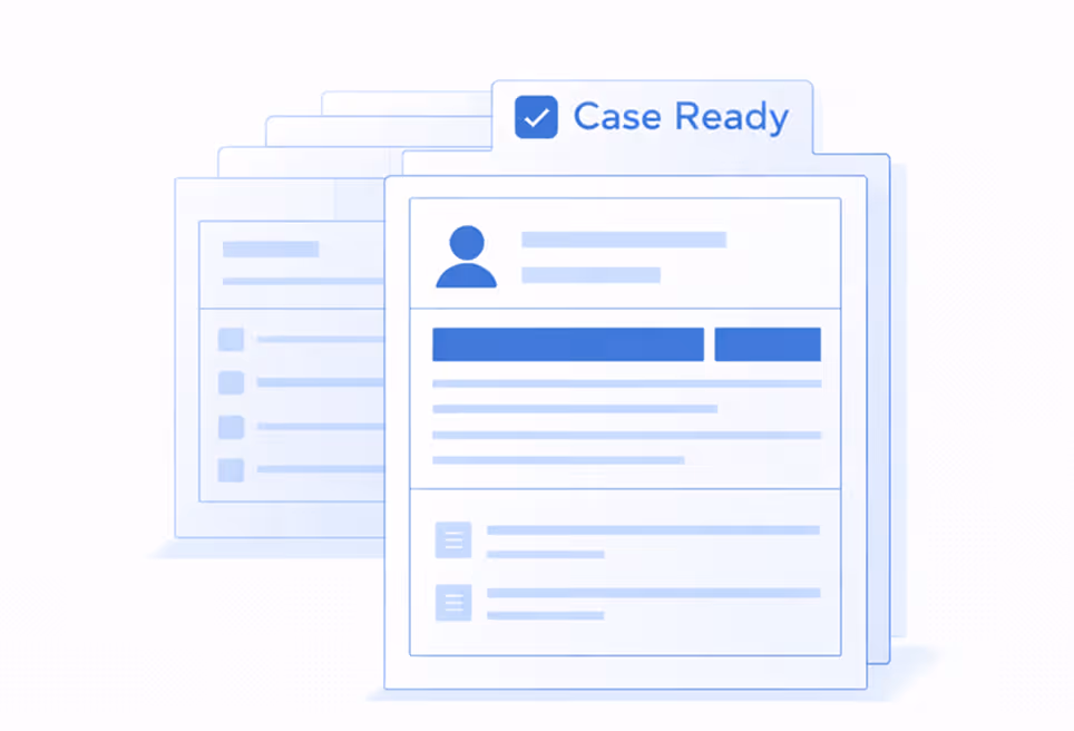 Illustration of multiple stacked digital documents with a highlighted front document labeled 'Case Ready' showing user profile and text blocks.