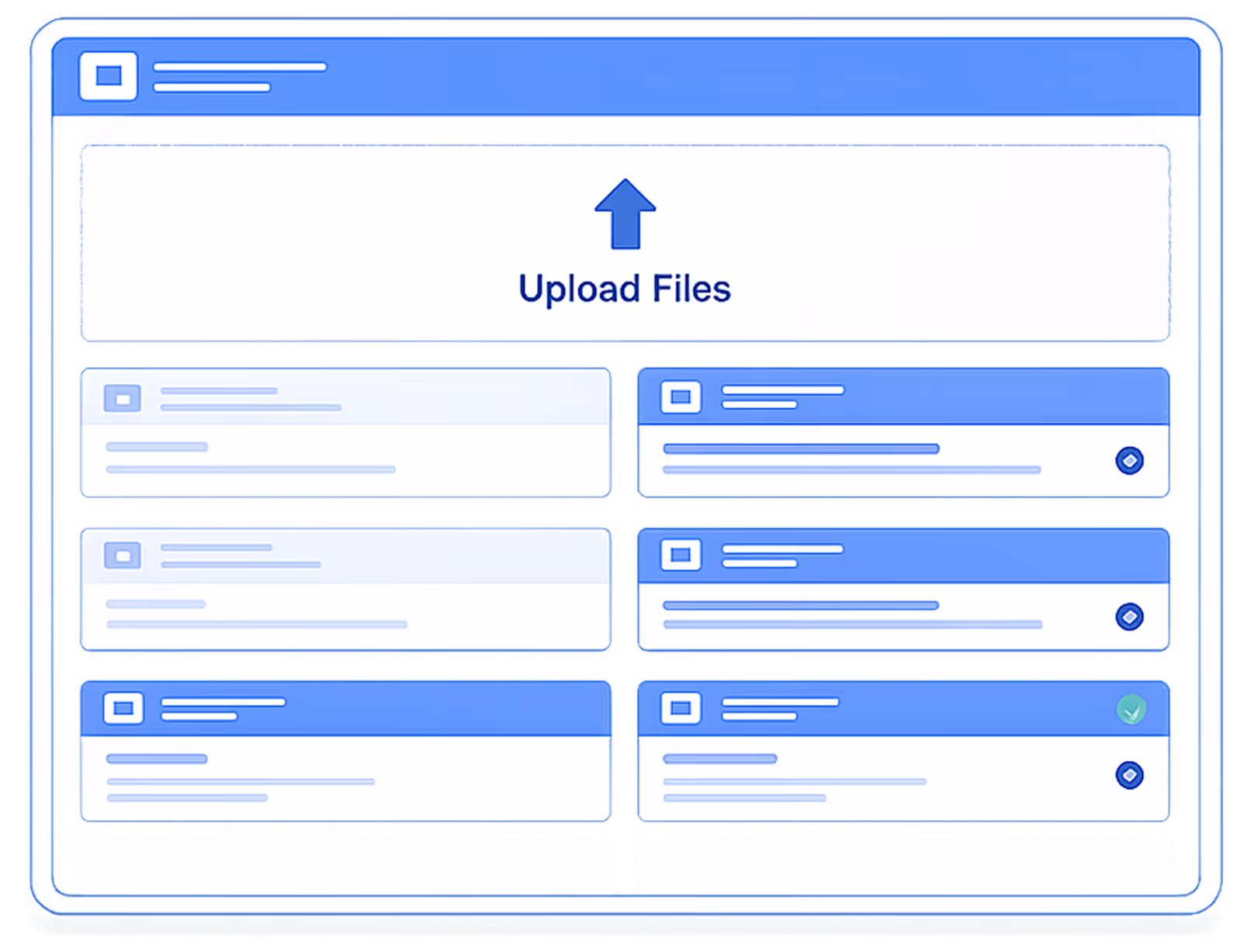 User interface screen showing a file upload section with an upward arrow icon and text 'Upload Files', alongside multiple file cards with various statuses.