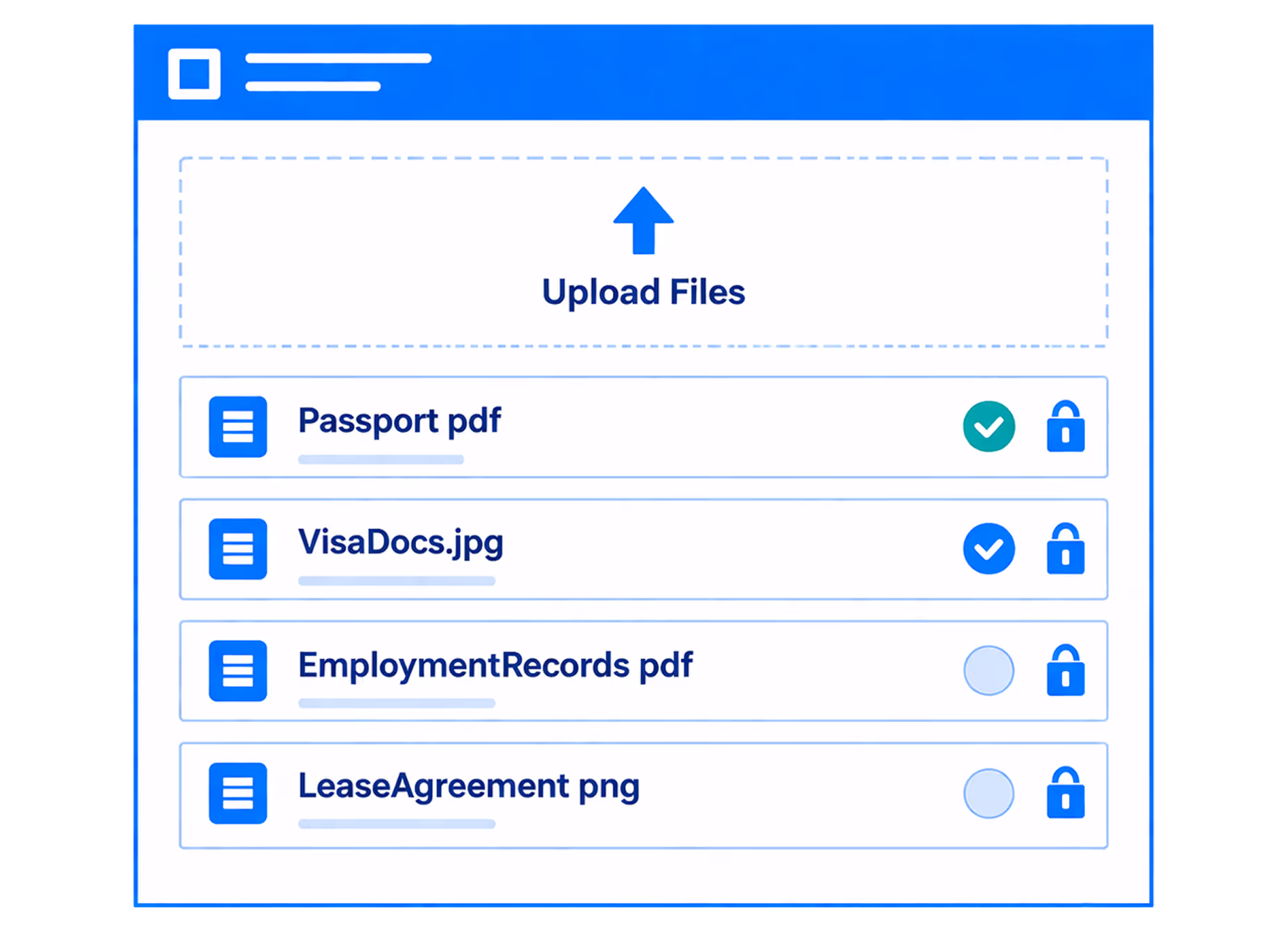 File upload interface with four files listed: Passport pdf, VisaDocs.jpg, EmploymentRecords pdf, and LeaseAgreement png, two files checked and all locked.