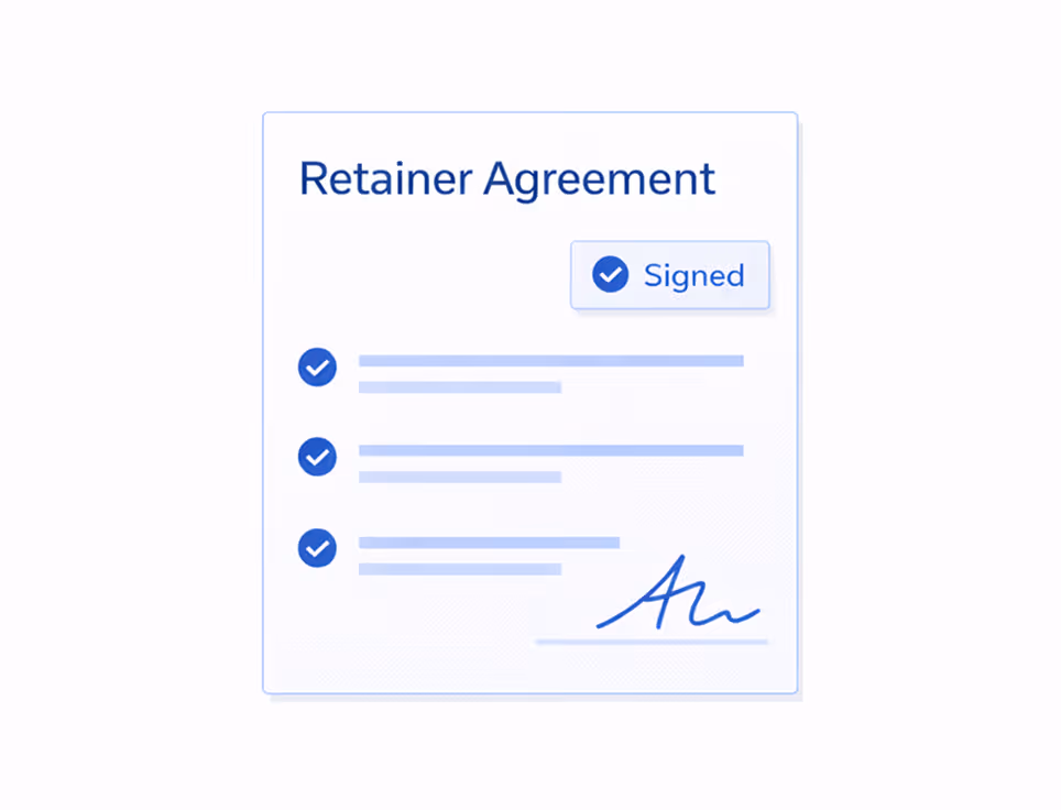 Illustration of a signed Retainer Agreement document with checkmarks and a signature.