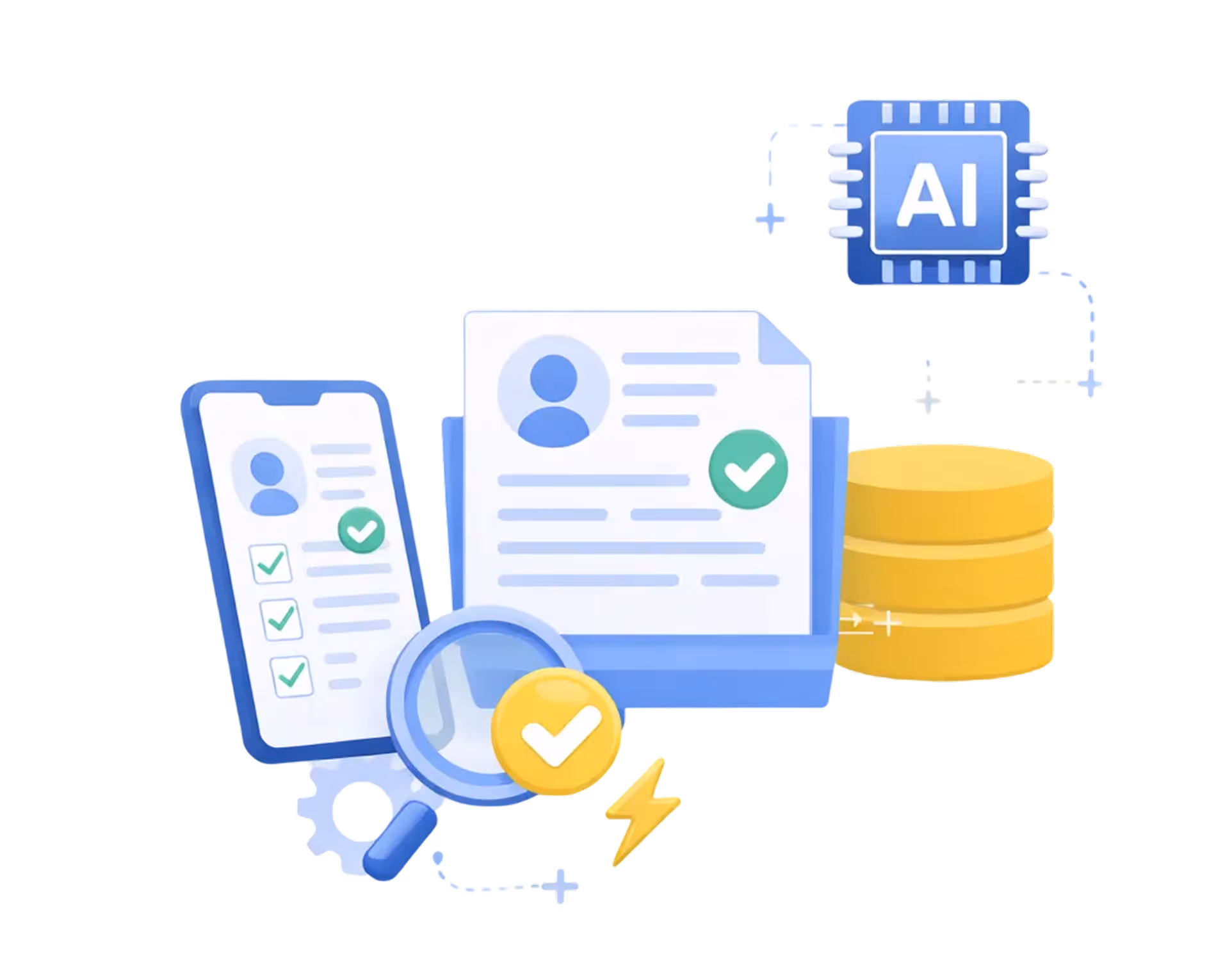 Digital illustration of client data integration showing a smartphone and document with user profile icons and checkmarks, a magnifying glass with a checkmark, AI chip, and database stacks.