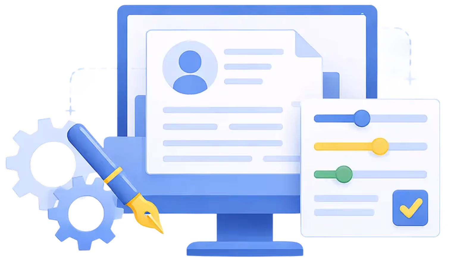Illustration of a computer monitor displaying documents with user icon, a fountain pen, gears, and settings sliders with a checkmark.
