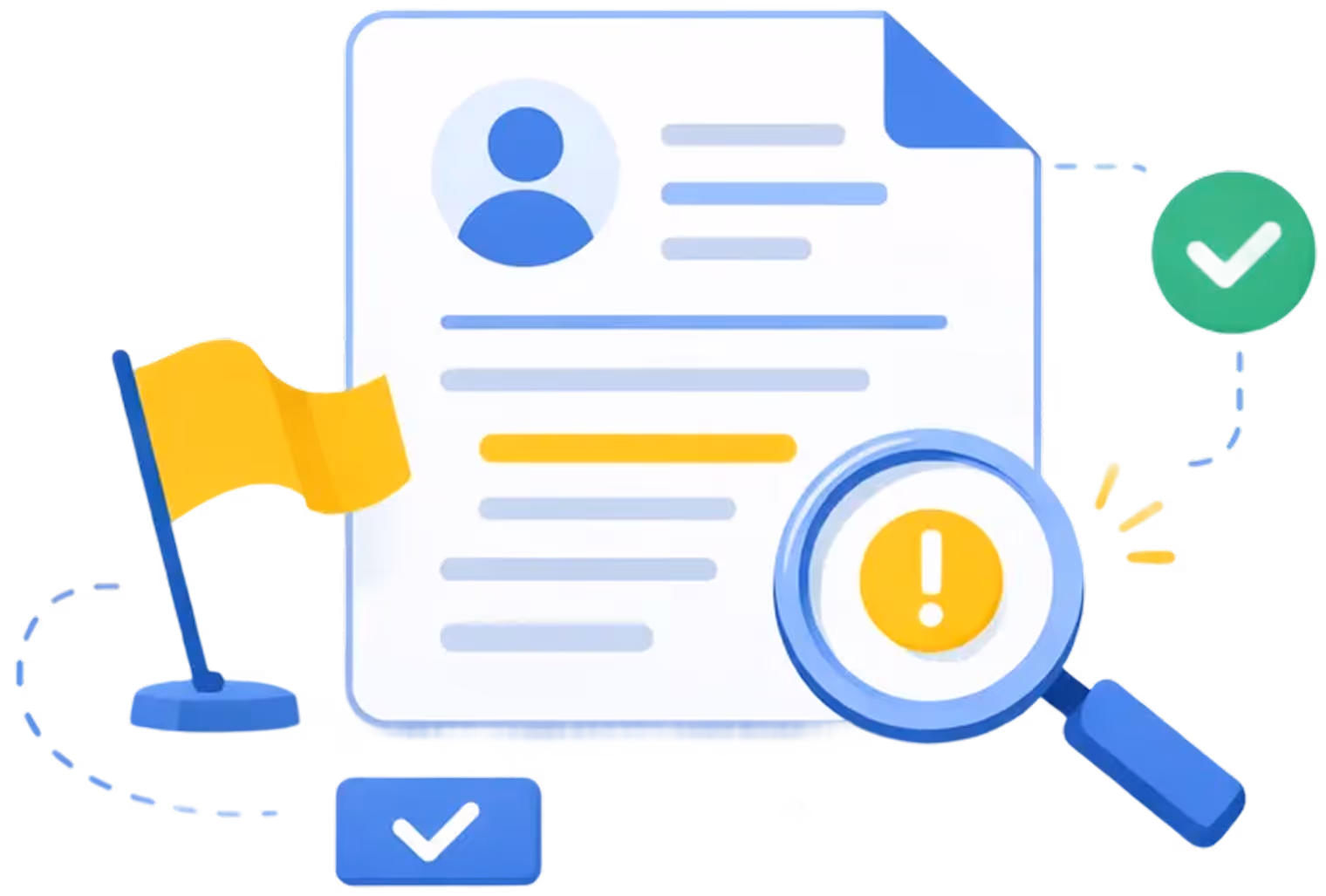Illustration of a document with a user icon, a yellow flag on a stand, a magnifying glass highlighting an exclamation mark, and check marks indicating review or verification.