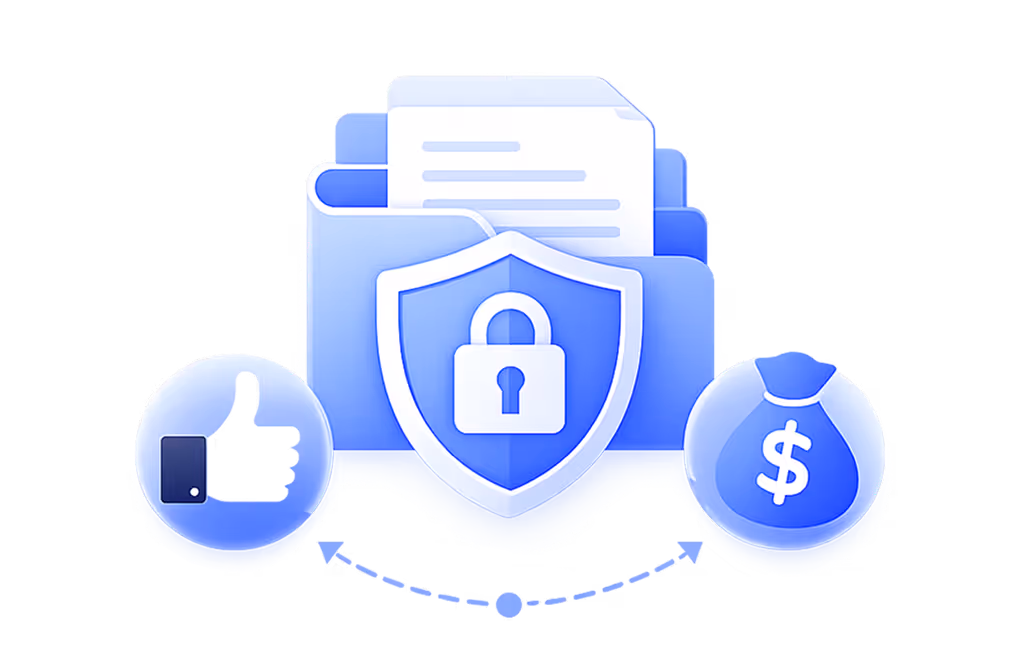 Blue folder with documents secured by a shield and lock icon, flanked by thumbs-up and money bag icons connected with arrows.