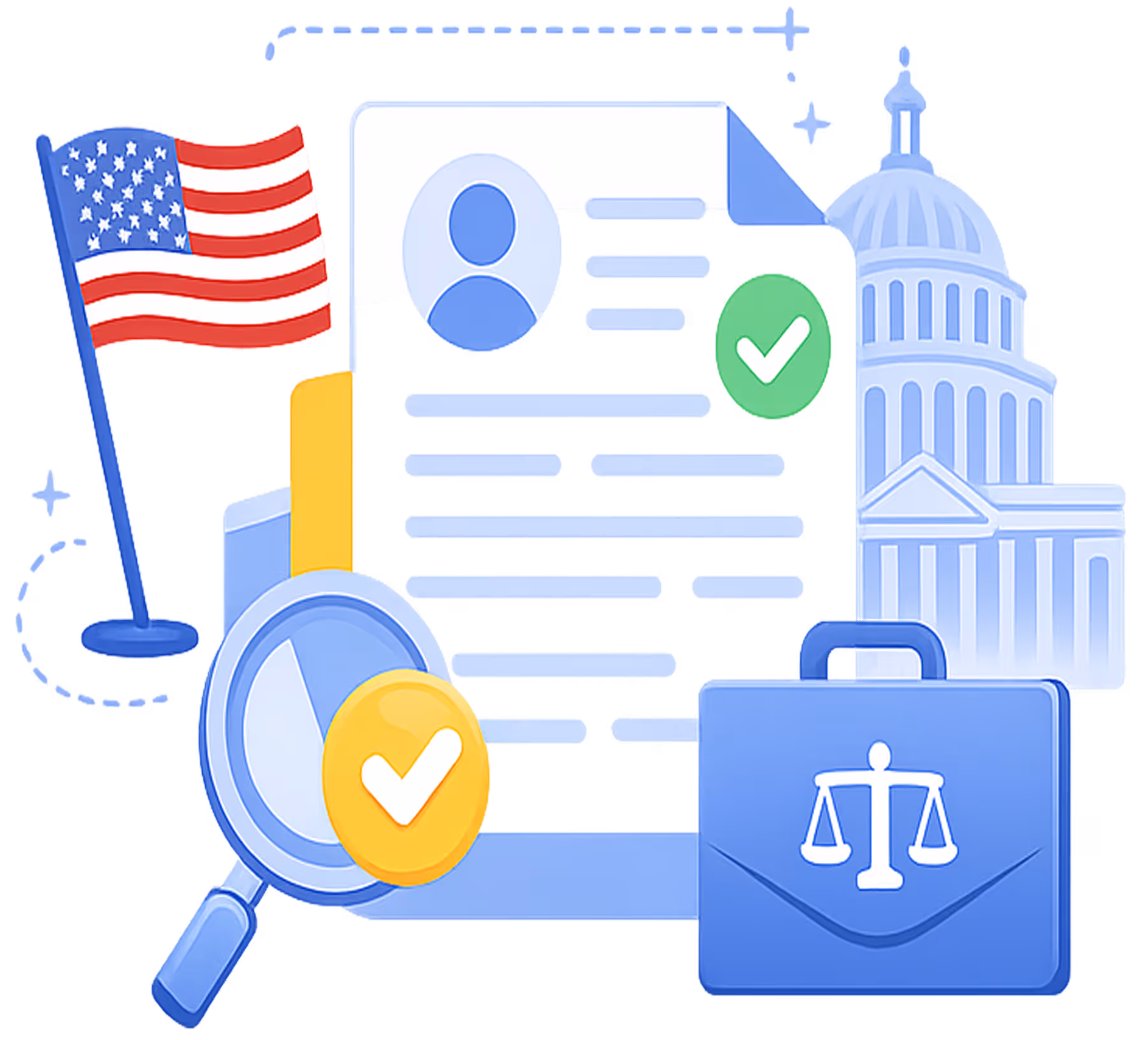 Illustration of a document with a user profile icon and checkmarks, an American flag, the U.S. Capitol building, a magnifying glass with a checkmark, and a briefcase with justice scales.
