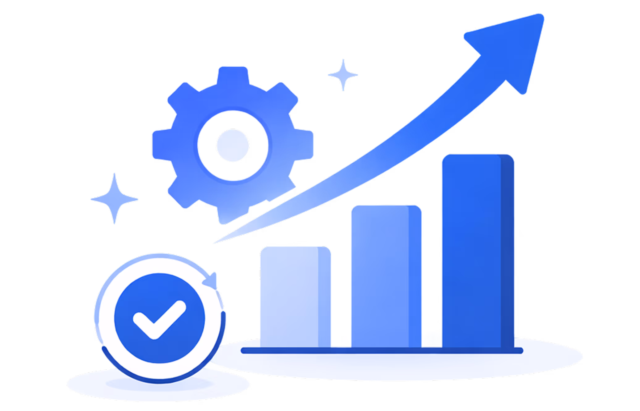 Blue bar chart with increasing bars, gear icon, checkmark symbol, and upward trending arrow indicating growth and progress.