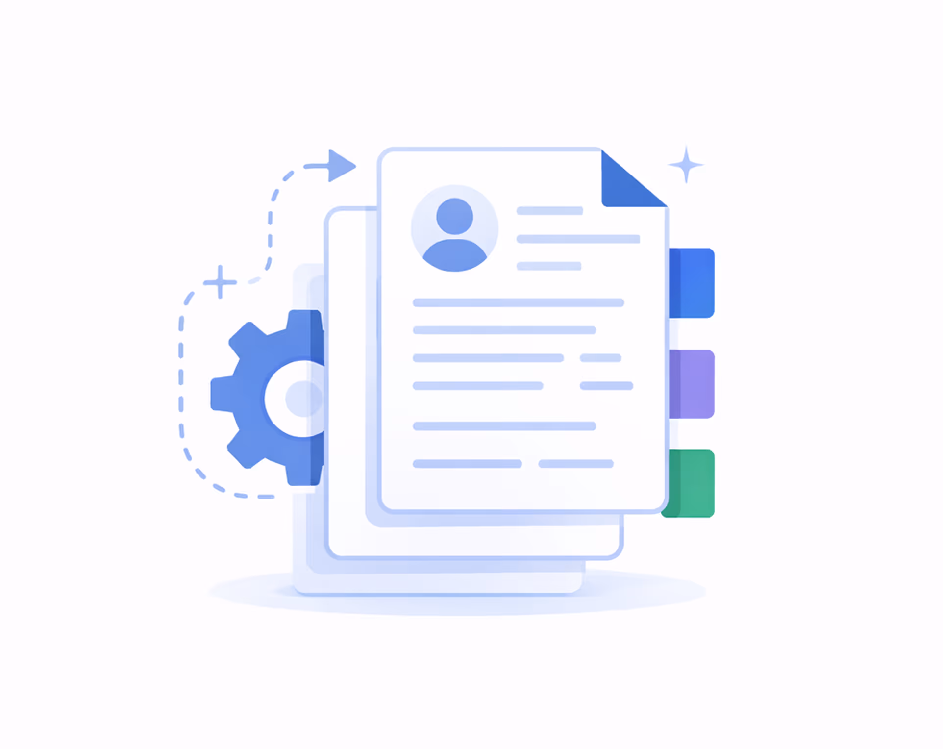 Stack of organized documents with profile icon and gear symbolizing automated document management.
