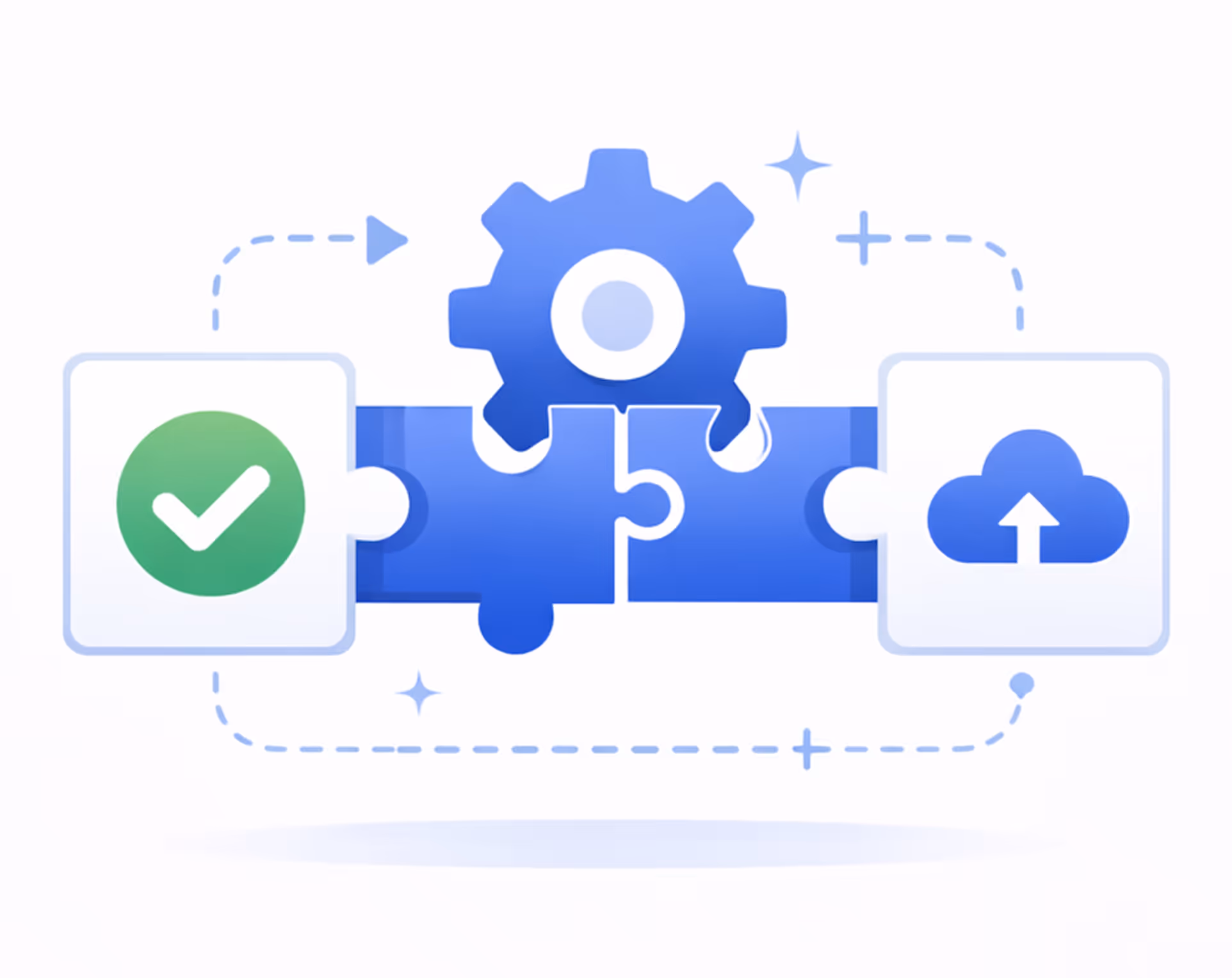 Illustration of two blue puzzle pieces fitting together under a blue gear icon, with a green checkmark icon on the left and a blue cloud upload icon on the right.