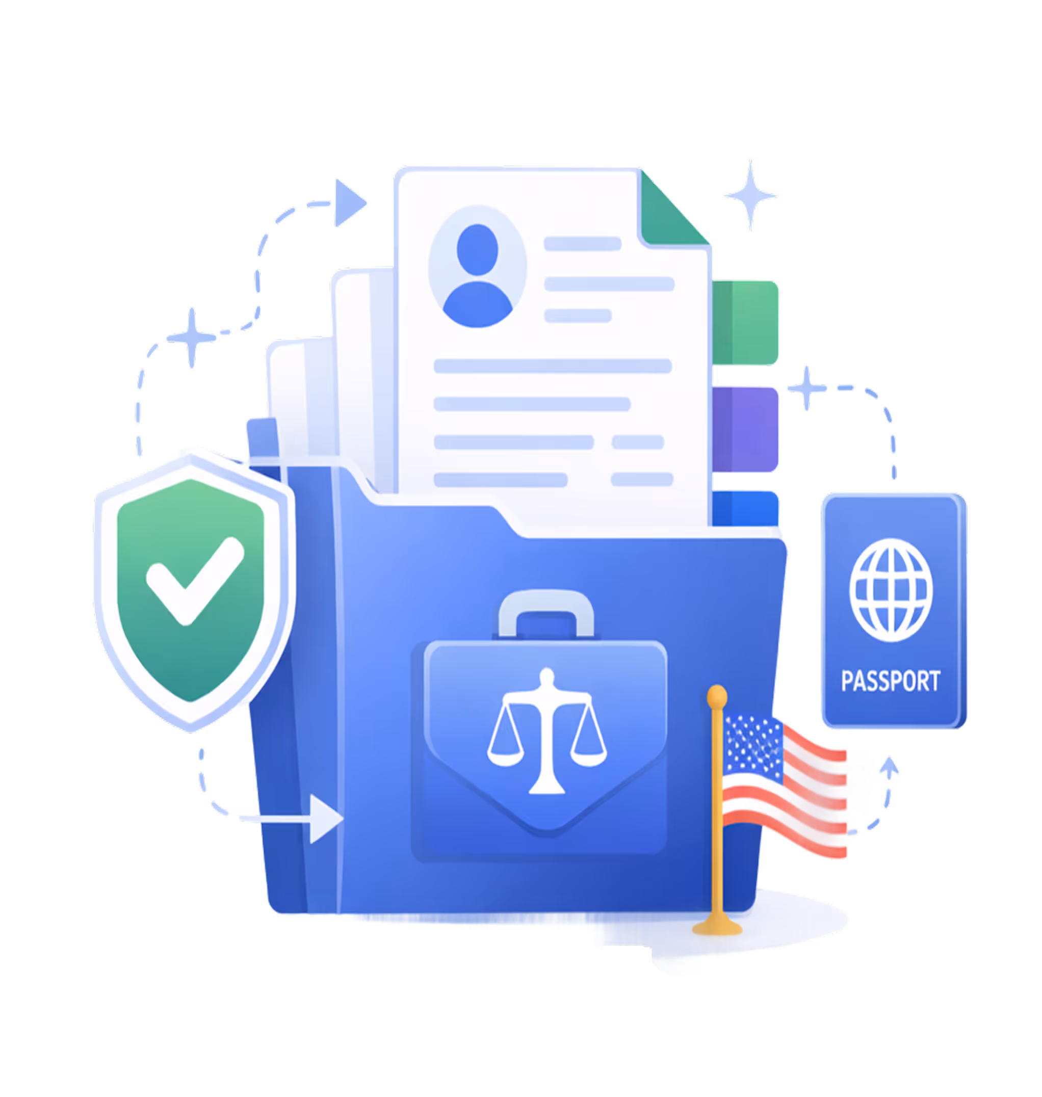 Blue folder with legal scales icon contains documents, shield with checkmark, passport icon, and a small U.S. flag.