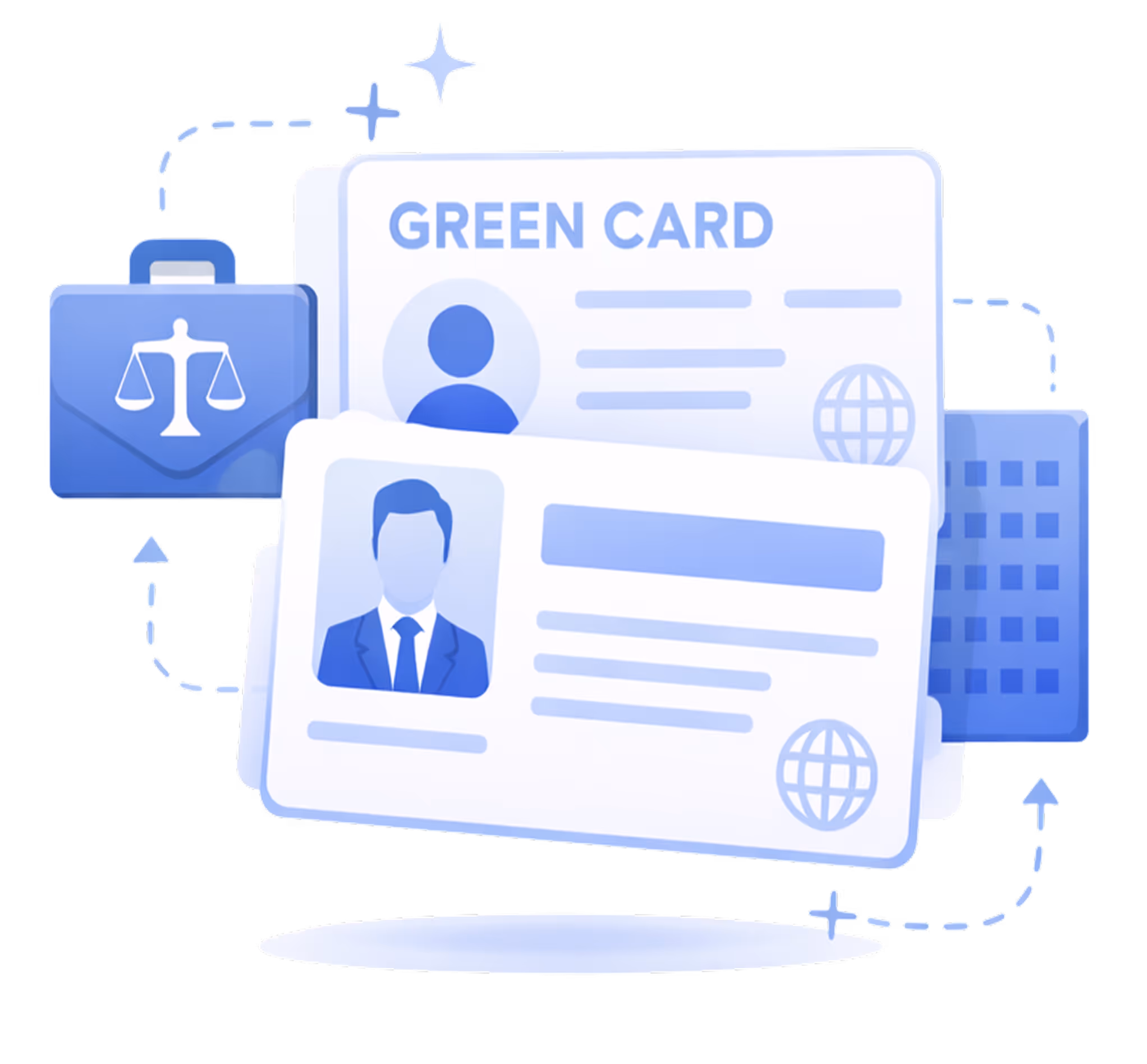 Illustration of a green card and ID card with user profile icons, a briefcase with a justice scale symbol, and a building in the background.