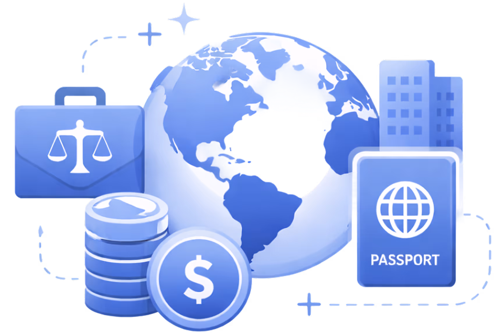 Illustration of a globe with legal scales briefcase, coins, and a passport symbolizing global business, law, finance, and immigration.